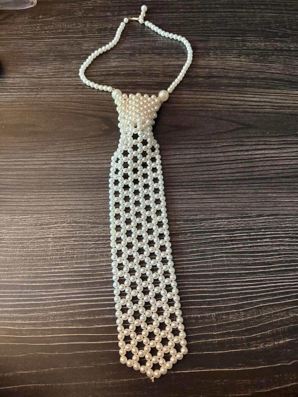 Vintage MCM Faux Pearl Beaded Necktie Necklace Made In Hong Kong